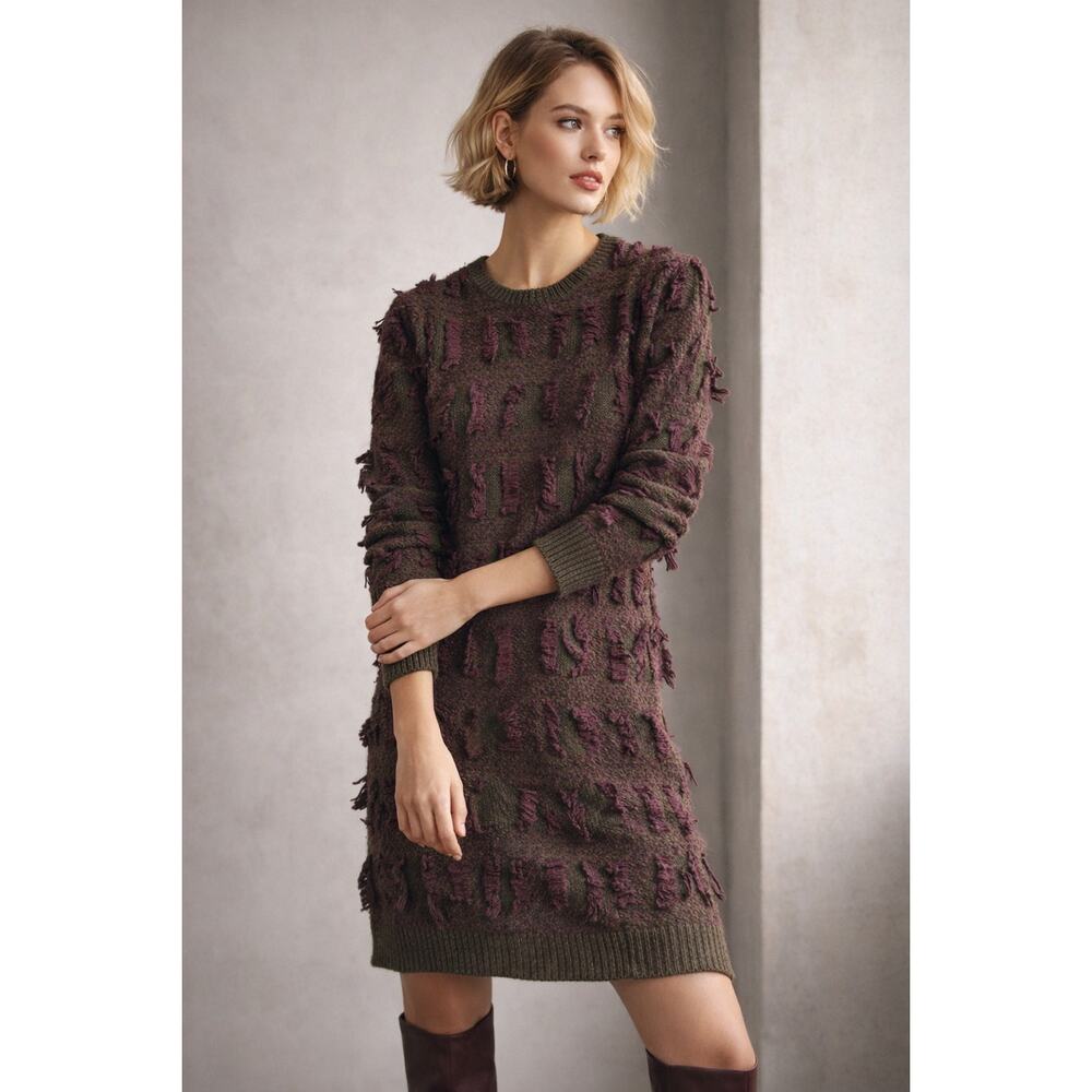Rara Avis by Iris Apfel NWT Chunky Fringe Sweater Dress Olive Burgundy XS